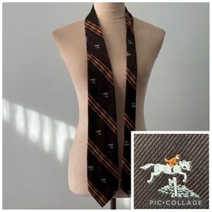🐎 Vintage 1970s JCPenney Equestrian Wide Necktie Brown Plaid Horse Motif